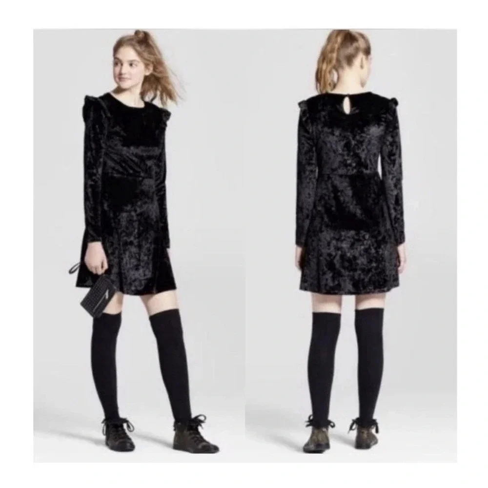 Long Sleeve Black Velvet Velour Mini Dress S Whimsigoth Dark Fairy Rocker Grunge